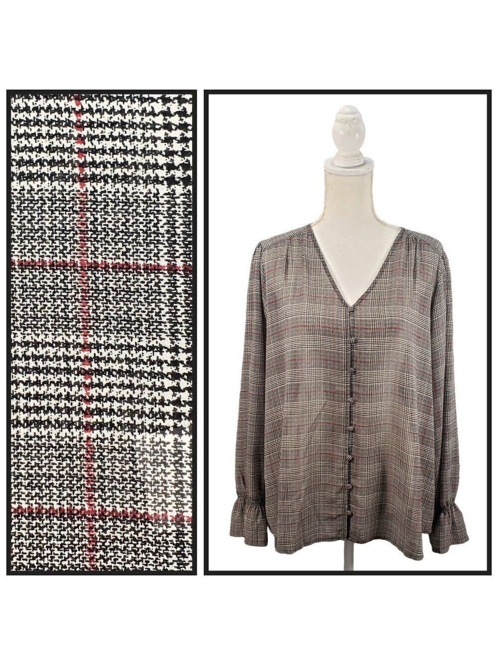 Maurices Women’s Large Plaid V-Neck Button Front Blouse Long Sleeve - Picture 1 of 11